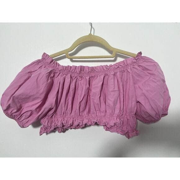 Zara Tops - Zara Crop Top Shirt Womens Small Pink Short Sleeve Smocked Off The Shoulder